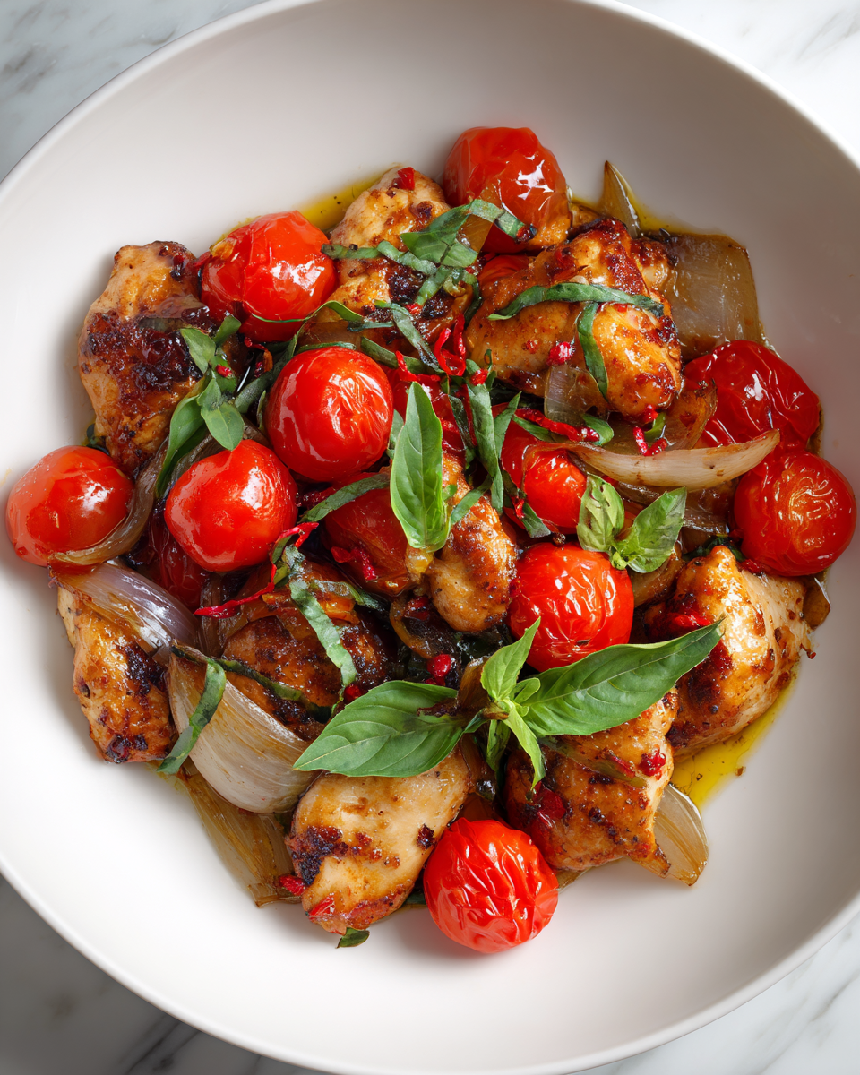 Delicioso pollo salteado con tomates cherry y especias frescas, ideal para noches acogedoras y reuniones familiares.