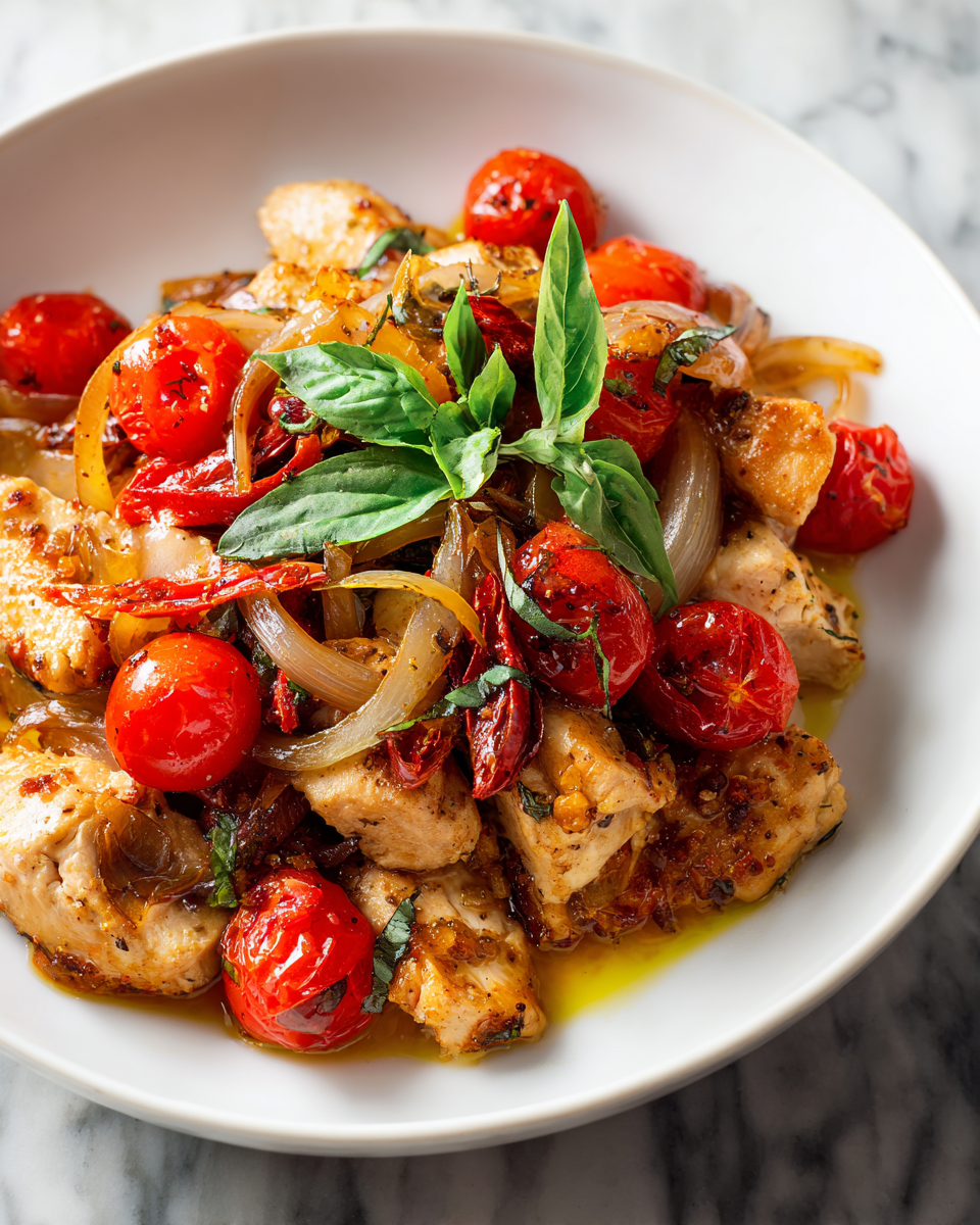 Delicioso pollo salteado con tomates cherry y especias frescas, ideal para noches acogedoras y reuniones familiares.