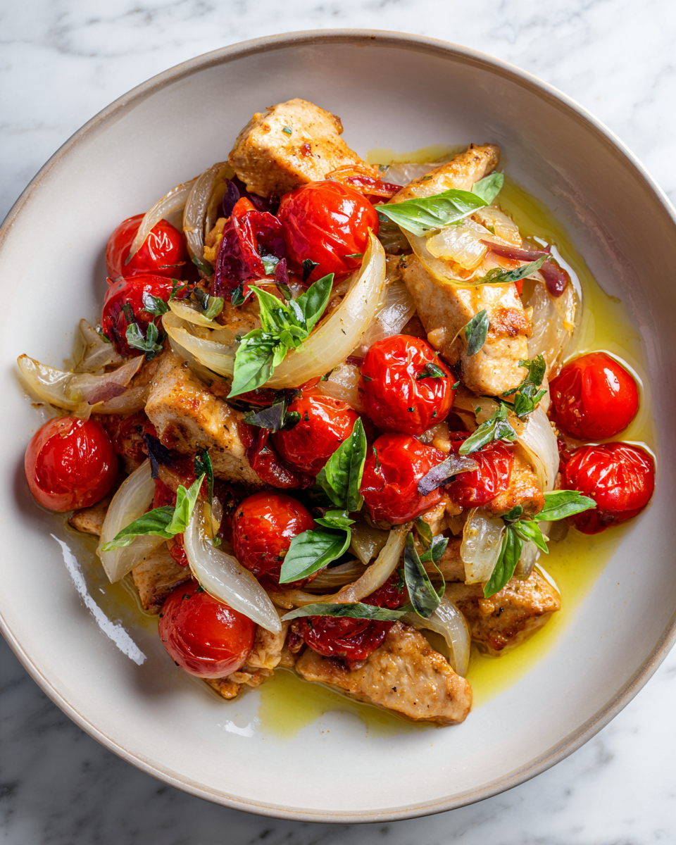 Delicioso pollo salteado con tomates cherry y especias frescas, ideal para noches acogedoras y reuniones familiares.