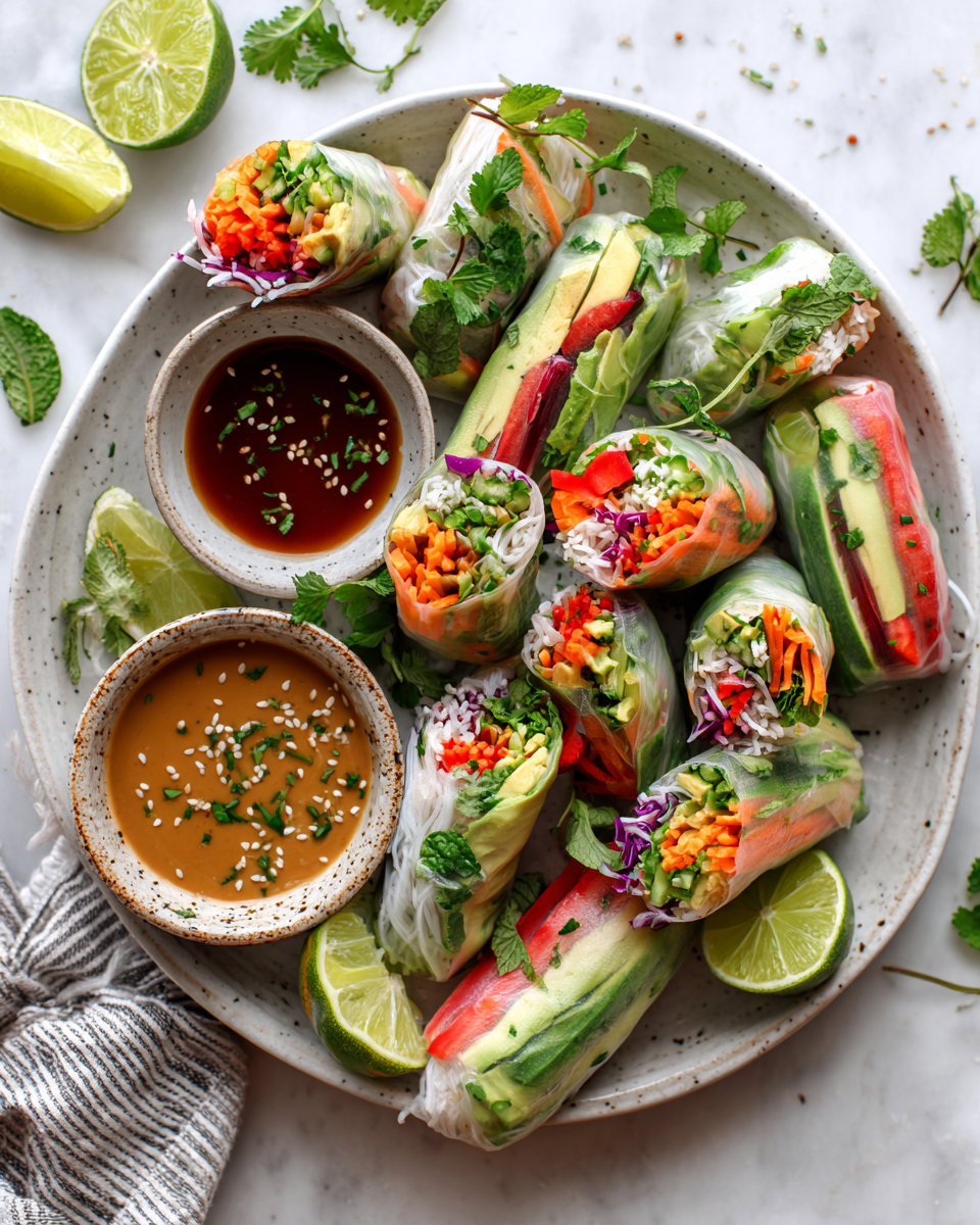 Rollitos de primavera veganos frescos y crujientes, ideales para compartir en fiestas, llenos de sabor y colorido.