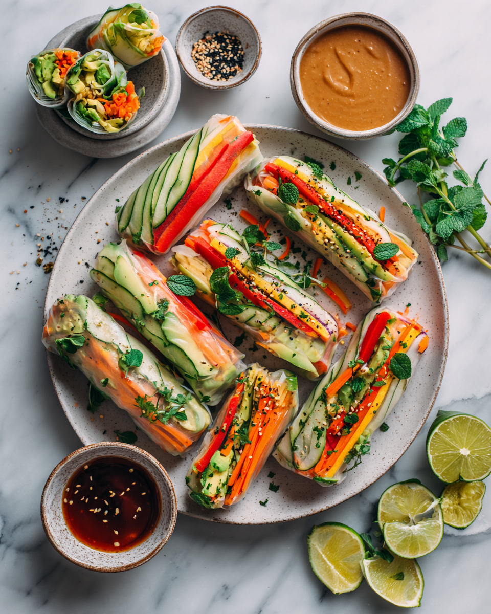 Rollitos de primavera veganos frescos y crujientes, ideales para compartir en fiestas, llenos de sabor y colorido.