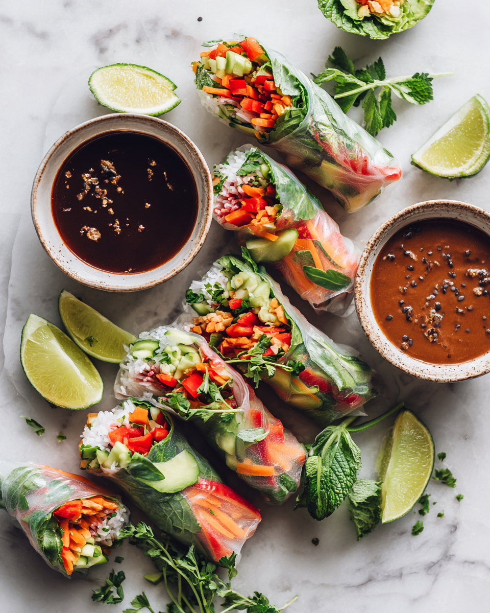 Rollitos de primavera veganos frescos y crujientes, ideales para compartir en fiestas, llenos de sabor y colorido.