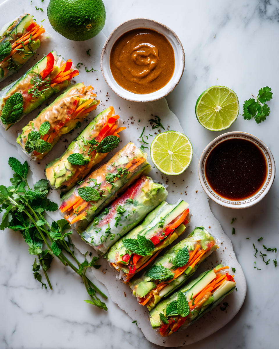 Rollitos de primavera veganos frescos y crujientes, ideales para compartir en fiestas, llenos de sabor y colorido.