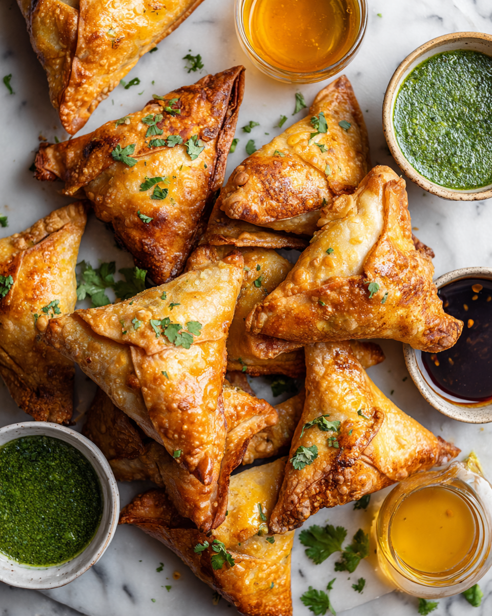 Samosas crujientes rellenas de especias, perfectas para compartir en festividades.