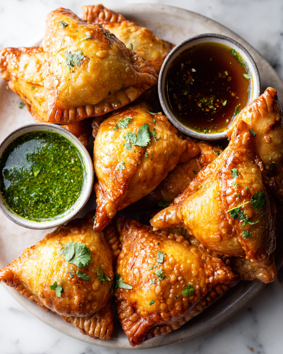 Samosas crujientes rellenas de especias, perfectas para compartir en festividades.