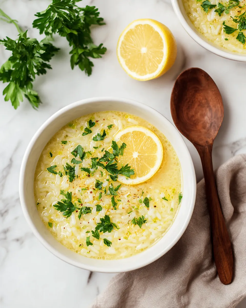 Sopa de arroz con limón, perfecta para Semana Santa, ligera y refrescante con ingredientes frescos y sabor mediterráneo.