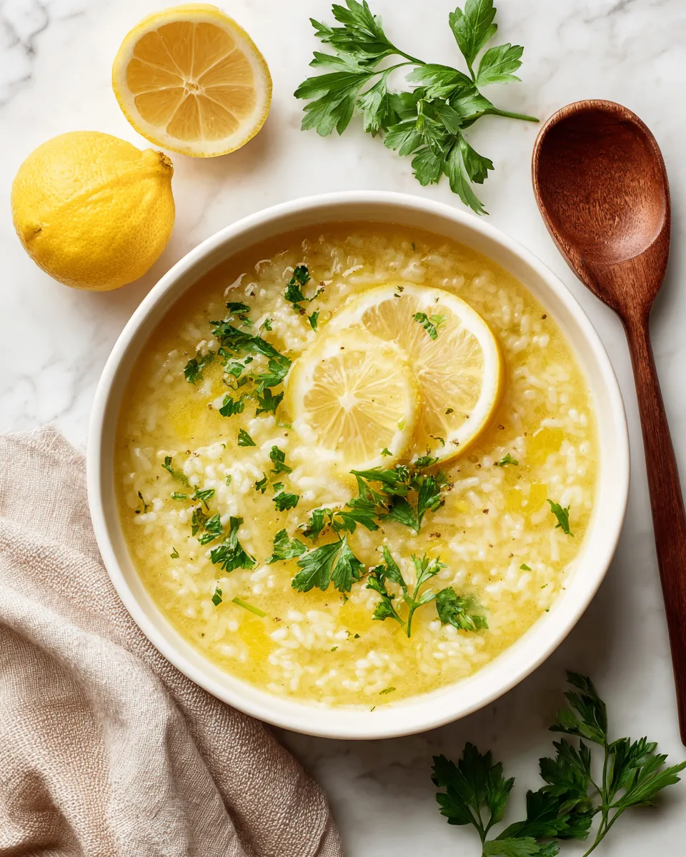 Sopa de arroz con limón, perfecta para Semana Santa, ligera y refrescante con ingredientes frescos y sabor mediterráneo.