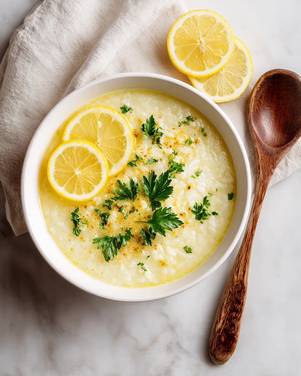 Sopa de arroz con limón, perfecta para Semana Santa, ligera y refrescante con ingredientes frescos y sabor mediterráneo.