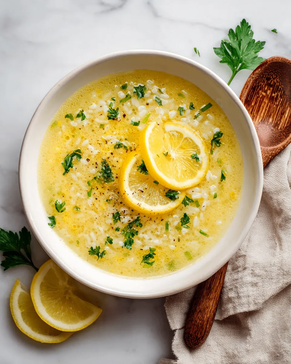 Sopa de arroz con limón, perfecta para Semana Santa, ligera y refrescante con ingredientes frescos y sabor mediterráneo.