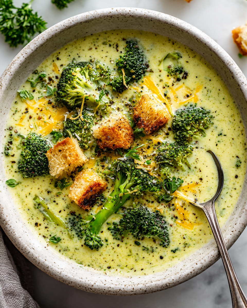 Sopa Reconfortante de Brócoli y Cheddar Sopa de brócoli con queso cheddar, plato reconfortante ideal para días fríos, lleno de sabor y fácil de hacer.