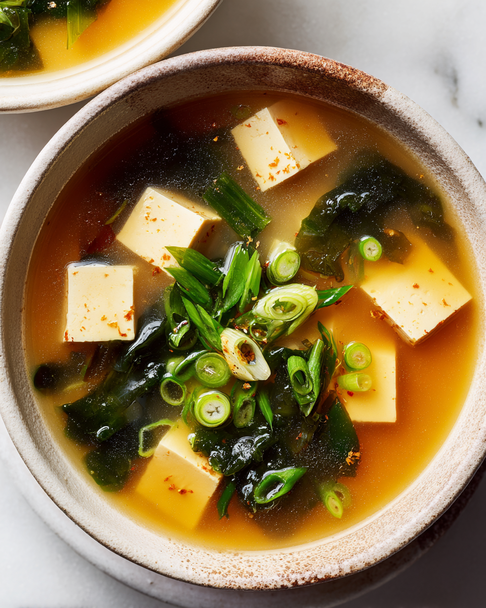 Sopa de miso reconfortante con tofu y algas para el otoño.