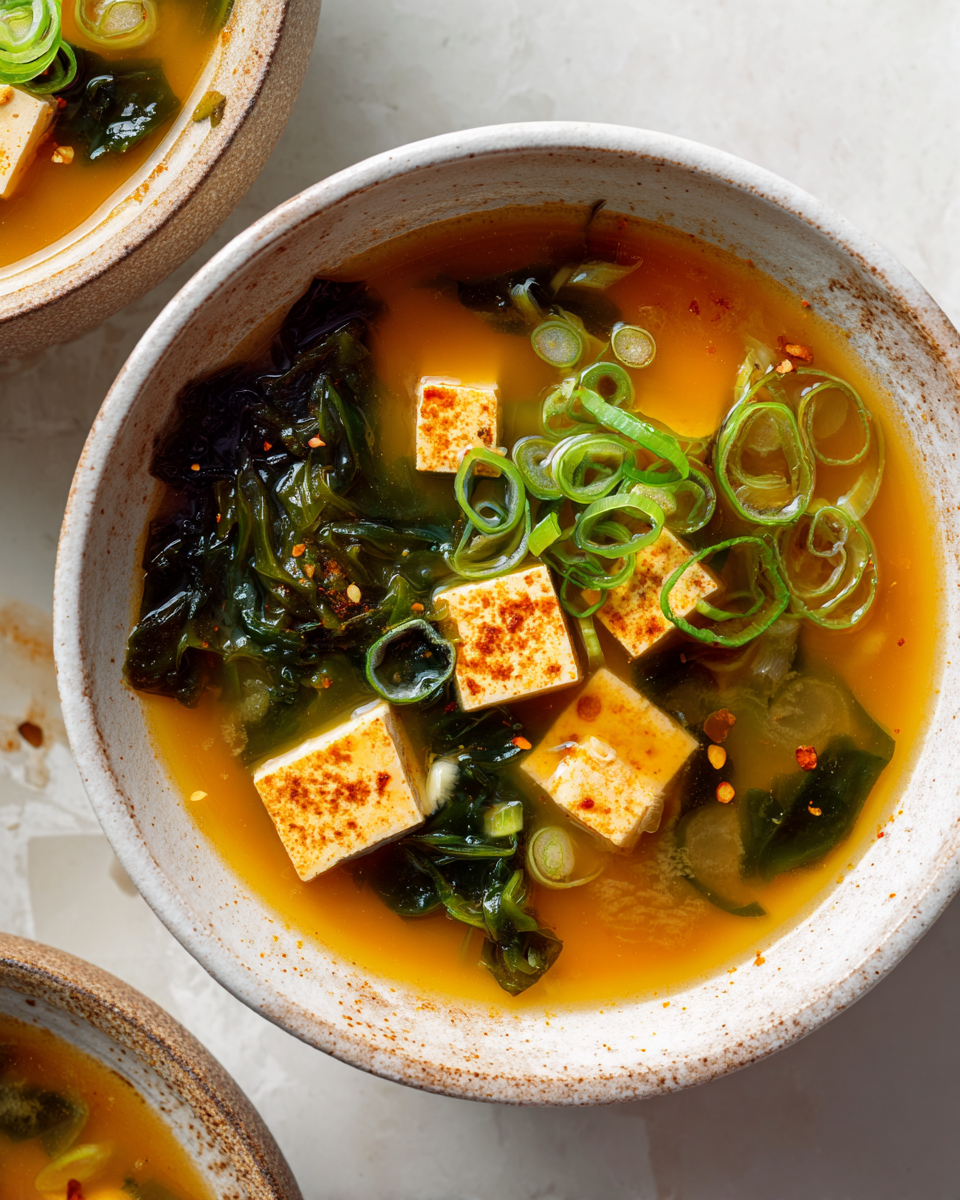 Reconfortante Sopa de Miso para el Otoño Sopa de miso reconfortante con tofu y algas para el otoño.