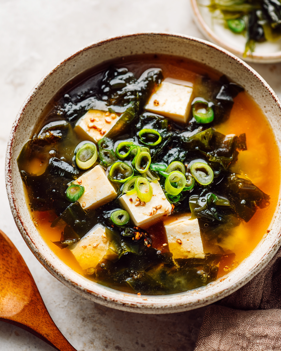 Reconfortante Sopa de Miso para el Otoño Sopa de miso reconfortante con tofu y algas para el otoño.