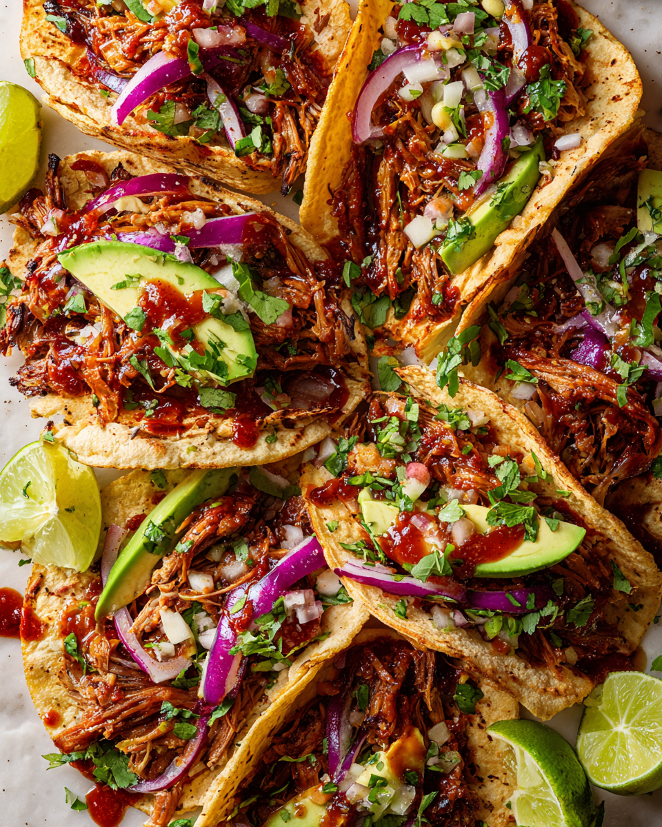 Tacos de carne deshebrada servidos con cilantro, cebolla roja y aguacate