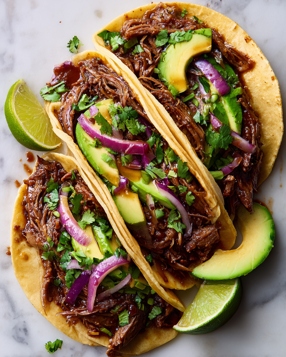 Tacos de carne deshebrada servidos con cilantro, cebolla roja y aguacate