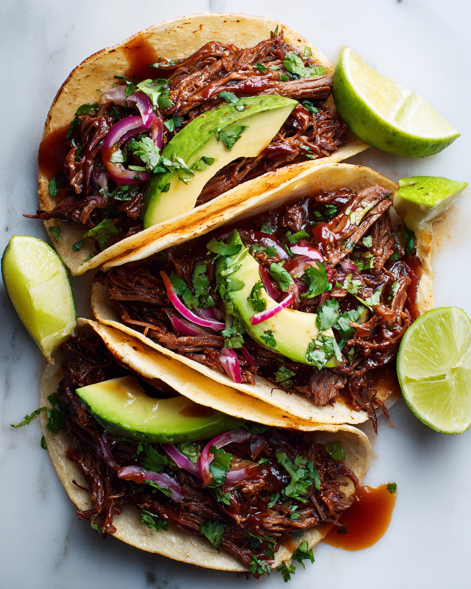 Tacos de carne deshebrada servidos con cilantro, cebolla roja y aguacate