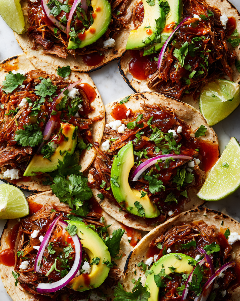 Tacos de carne deshebrada servidos con cilantro, cebolla roja y aguacate