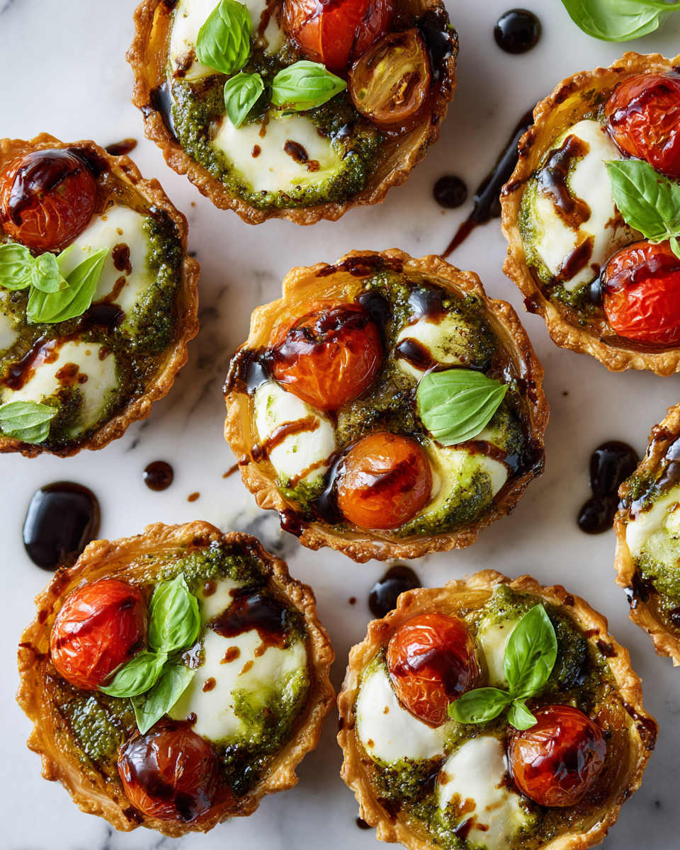 Tartas de Pesto Caprese, aperitivo fresco y vibrante para el verano, perfectas para compartir en celebraciones al aire libre.