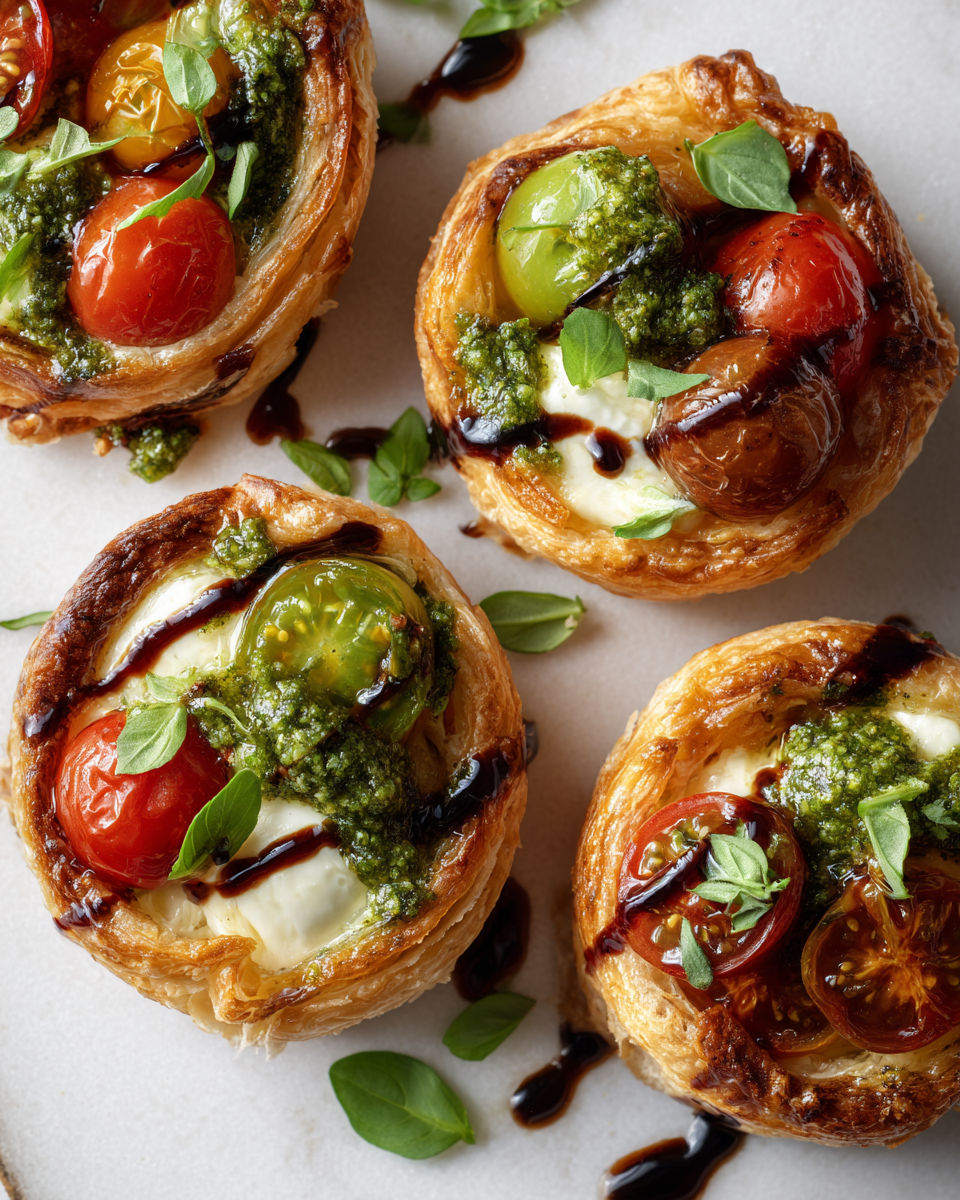Tartas de Pesto Caprese, aperitivo fresco y vibrante para el verano, perfectas para compartir en celebraciones al aire libre.