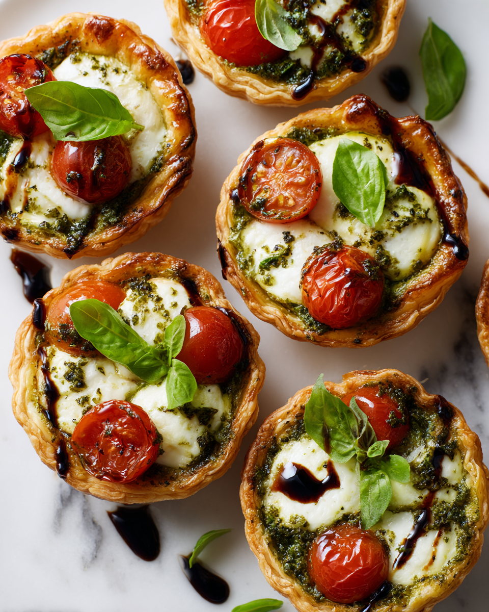 Tartas de Pesto Caprese, aperitivo fresco y vibrante para el verano, perfectas para compartir en celebraciones al aire libre.