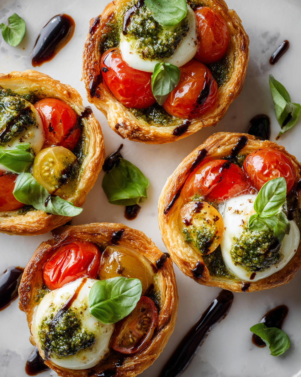 Tartas de Pesto Caprese, aperitivo fresco y vibrante para el verano, perfectas para compartir en celebraciones al aire libre.