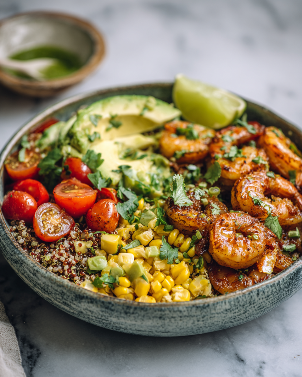 Tazones de burrito con camarones frescos y vegetales coloridos