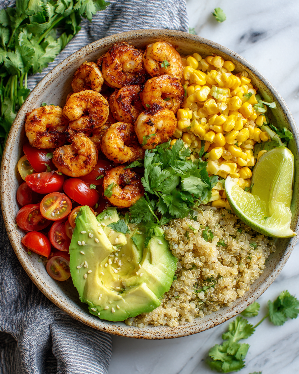 Tazones de burrito con camarones frescos y vegetales coloridos