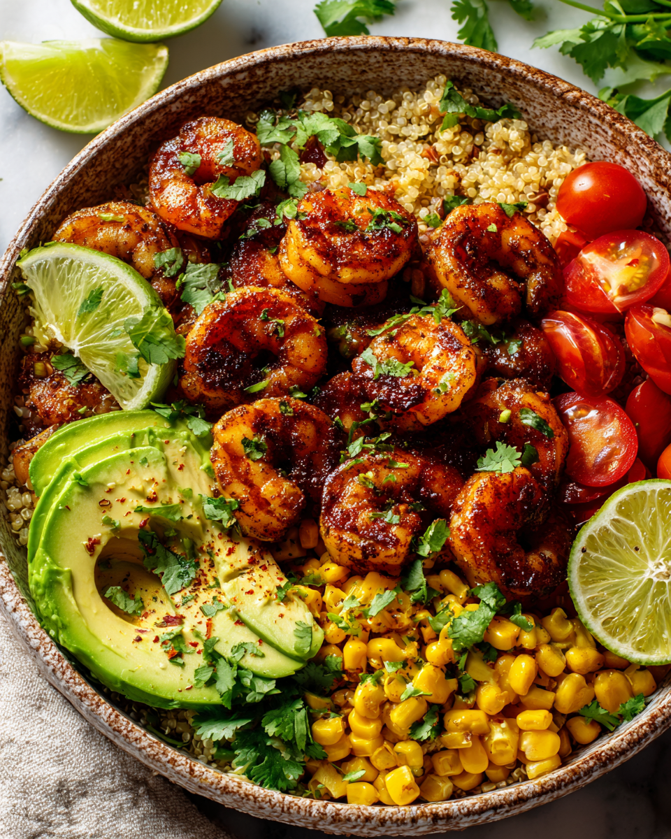 Tazones de burrito con camarones frescos y vegetales coloridos