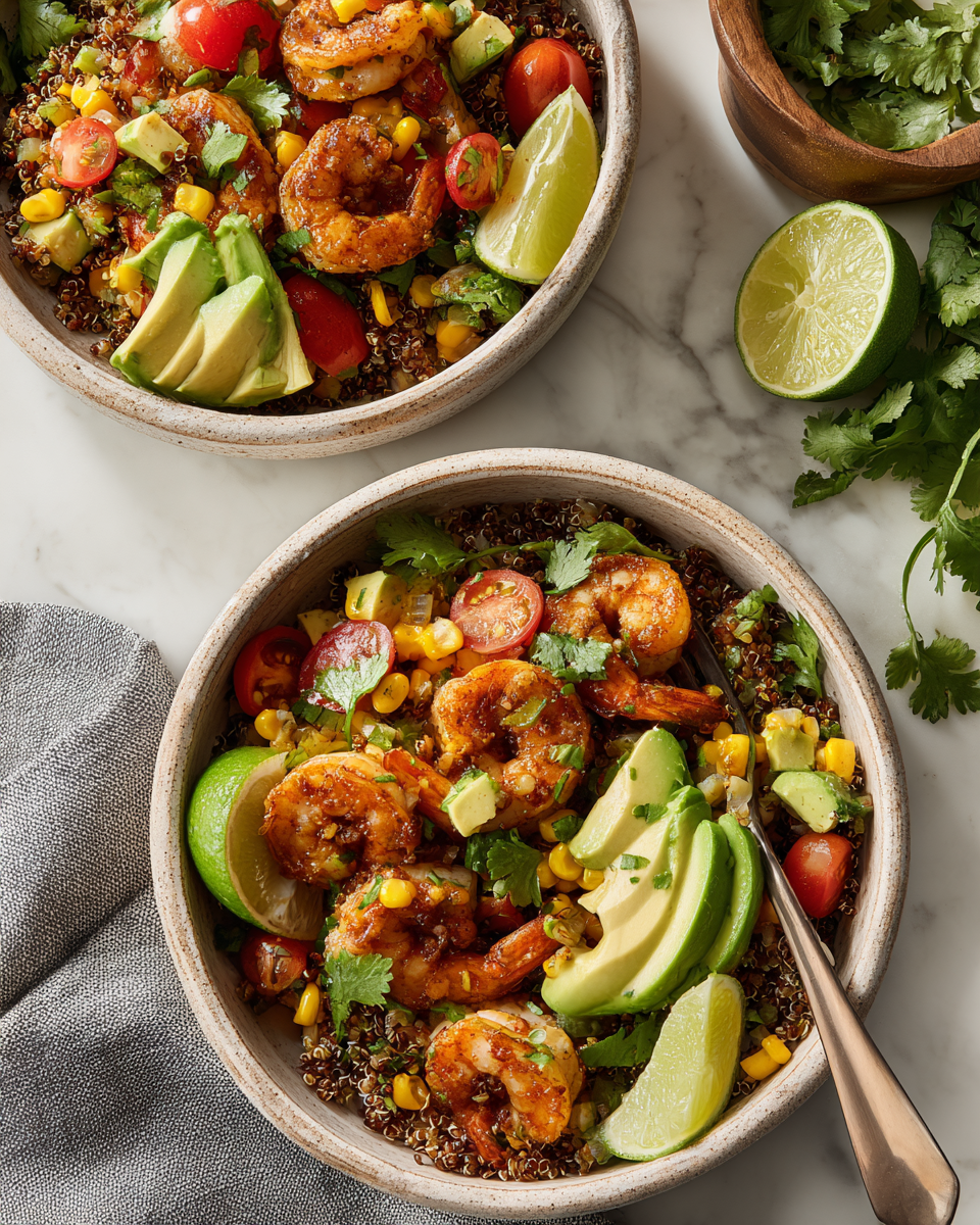 Tazones de burrito con camarones frescos y vegetales coloridos