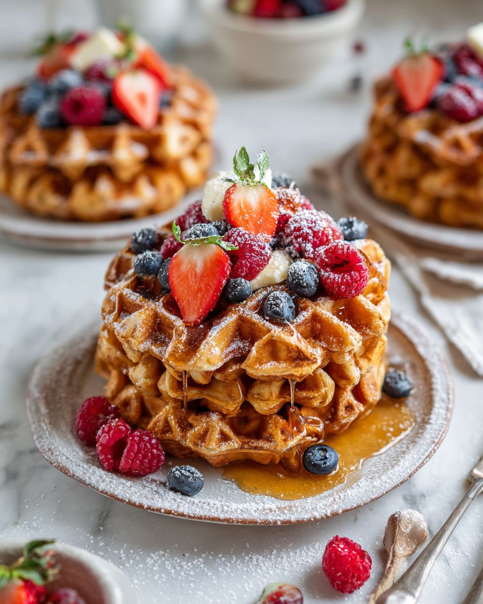 Waffles de Tostadas Francesas crujientes y esponjosos, perfectos para brunch, receta fácil y rápida.