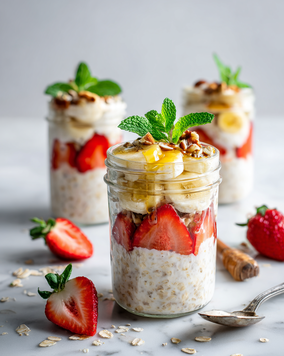 Receta de Avena Nocturna de Vainilla, un desayuno rápido y saludable, ideal para preparar con antelación y disfrutar durante la semana.
