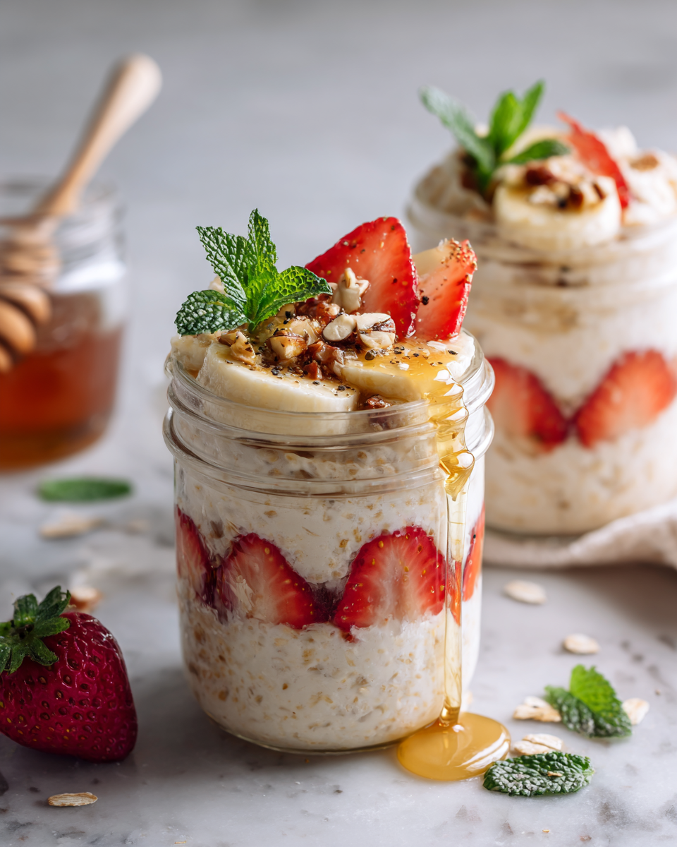 Receta de Avena Nocturna de Vainilla, un desayuno rápido y saludable, ideal para preparar con antelación y disfrutar durante la semana.