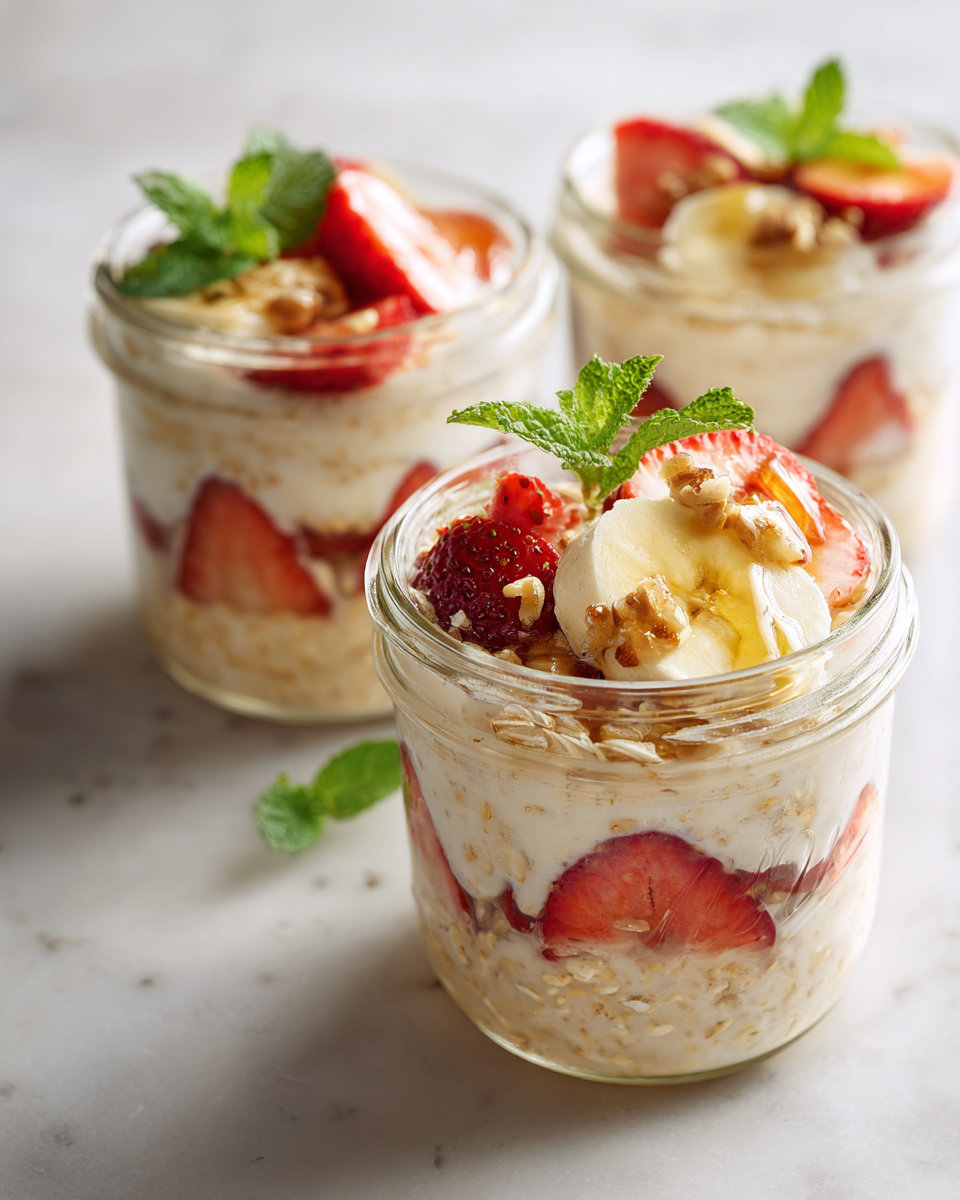 Receta de Avena Nocturna de Vainilla, un desayuno rápido y saludable, ideal para preparar con antelación y disfrutar durante la semana.