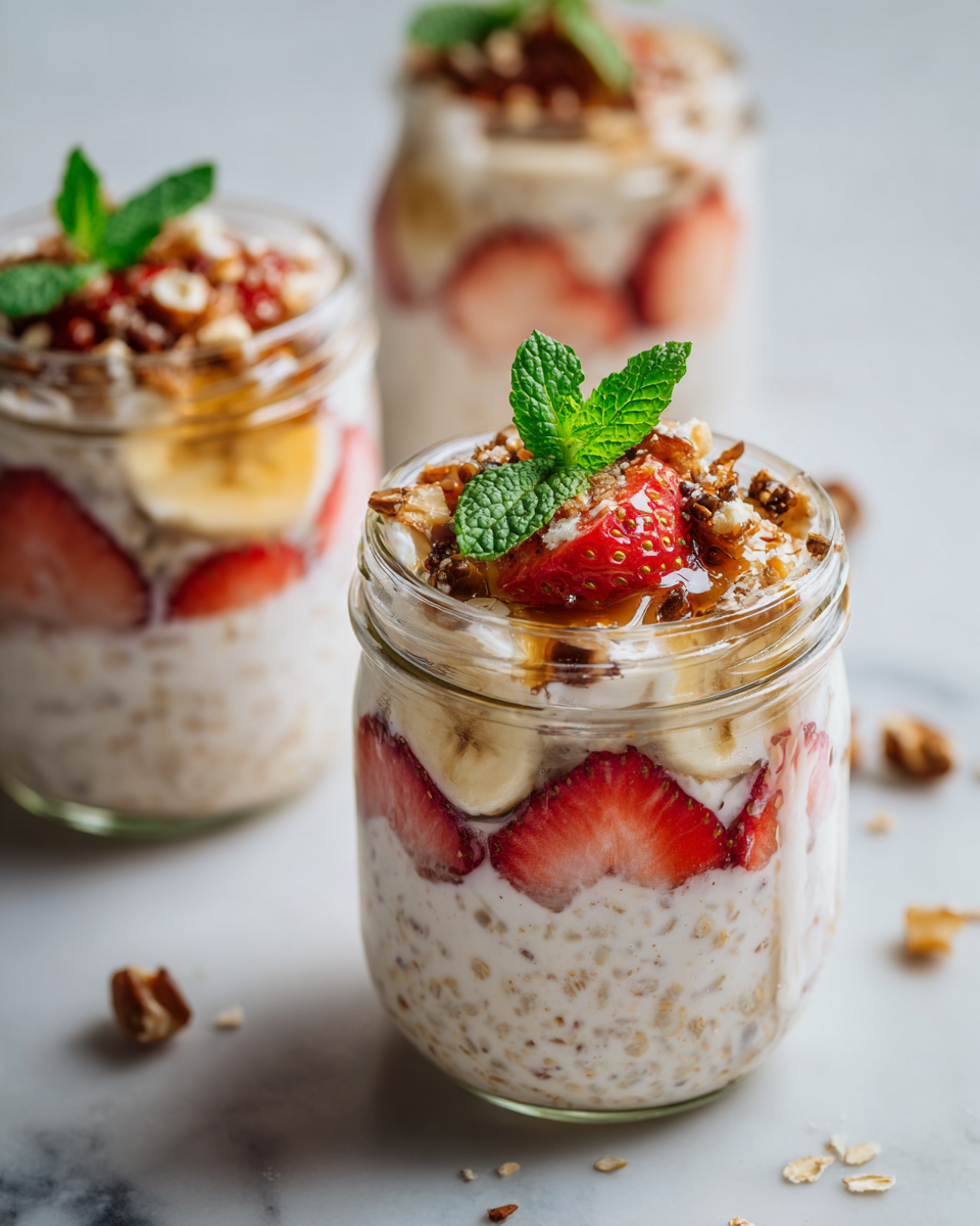 Receta de Avena Nocturna de Vainilla, un desayuno rápido y saludable, ideal para preparar con antelación y disfrutar durante la semana.