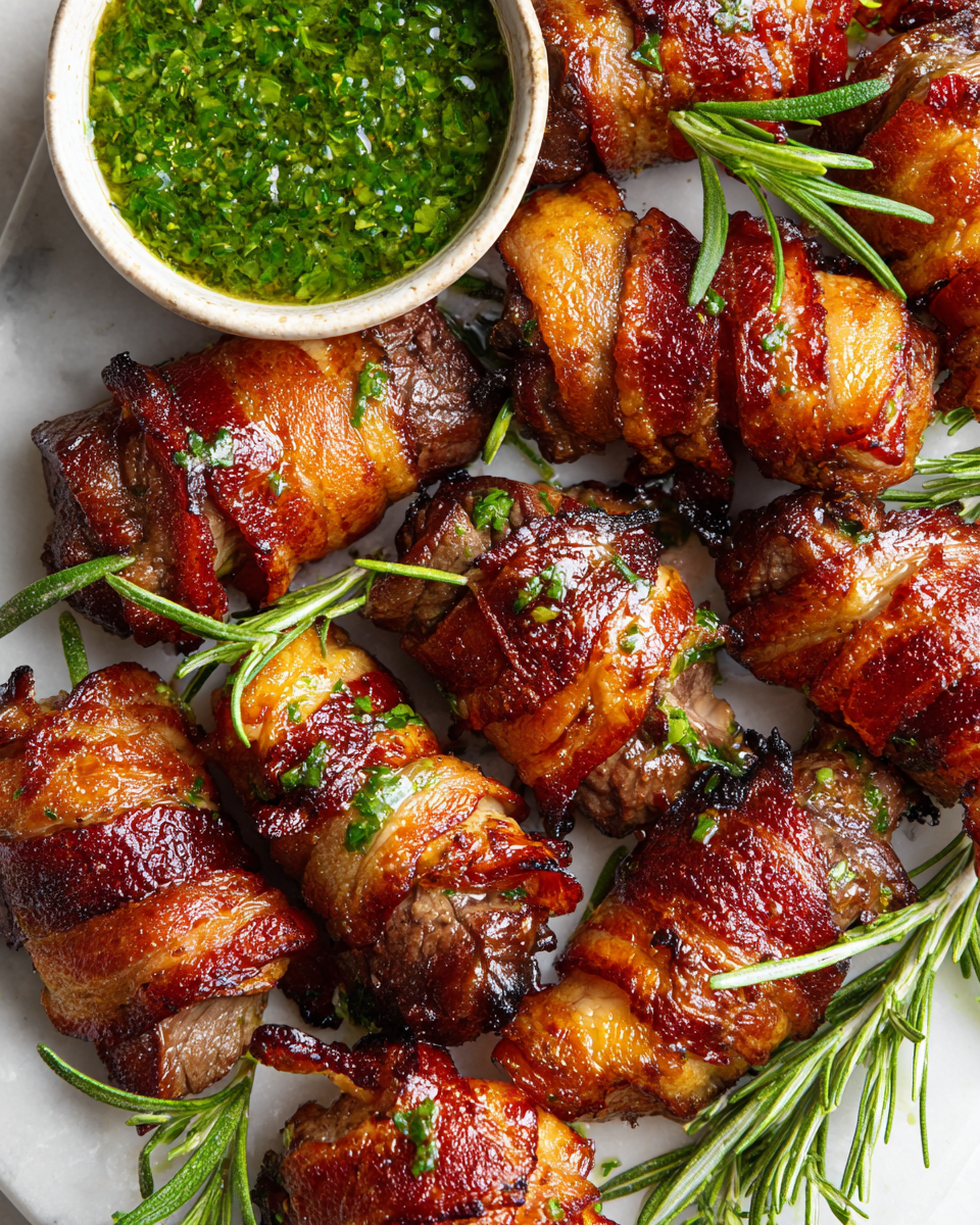 Bacon Steak Wraps jugosos y crujientes, ideales para compartir con amigos y familiares, perfectos para reuniones festivas.