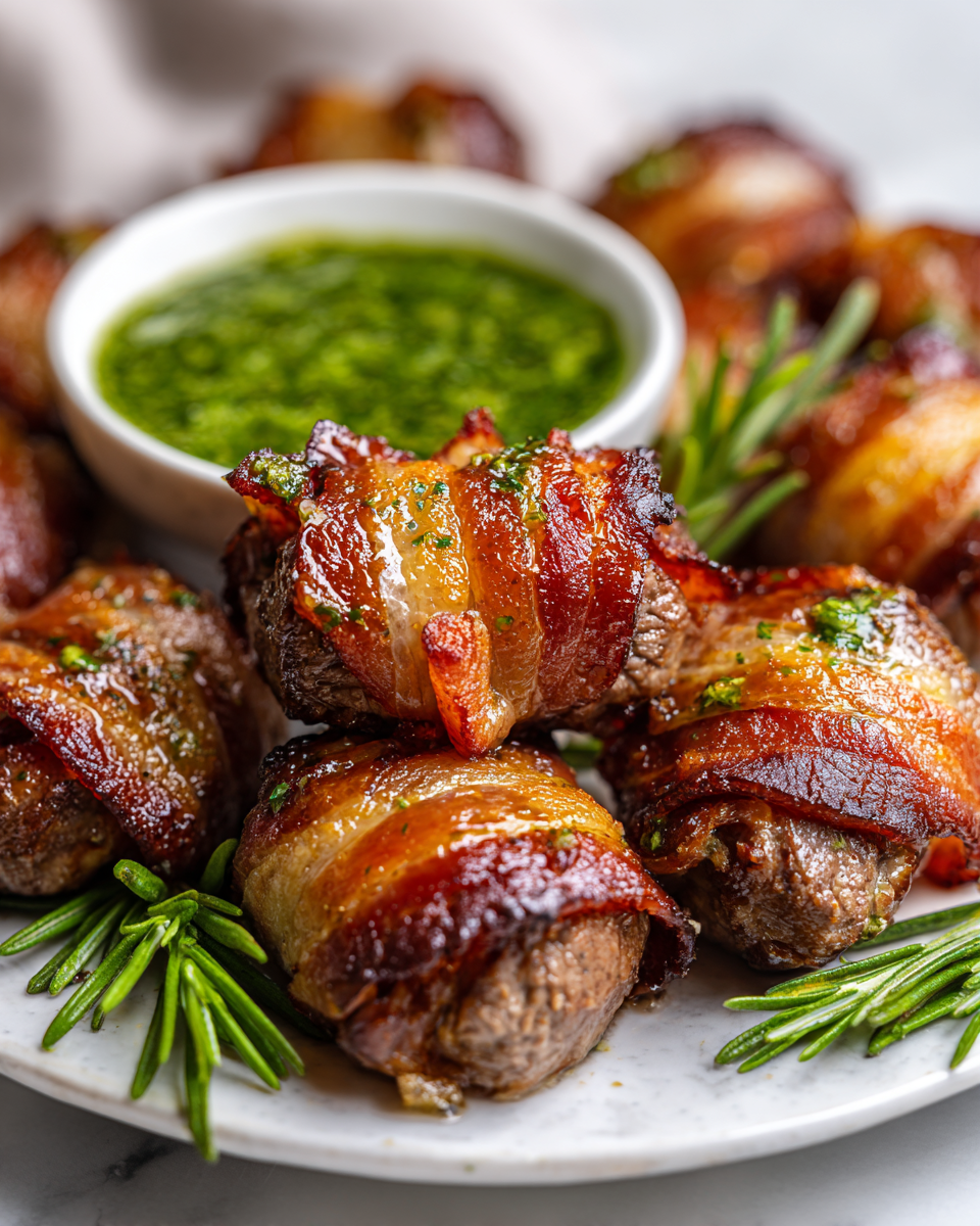 Bacon Steak Wraps jugosos y crujientes, ideales para compartir con amigos y familiares, perfectos para reuniones festivas.
