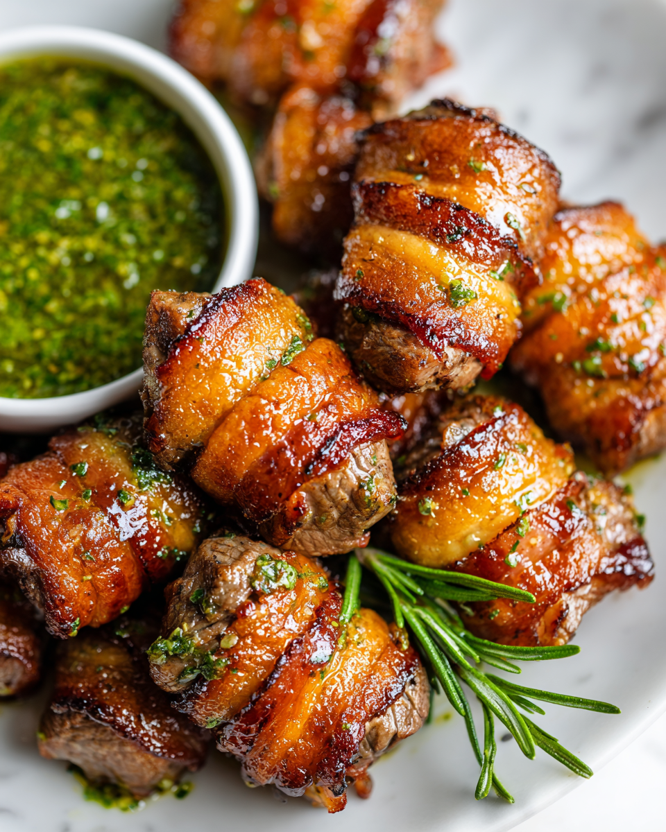 Bacon Steak Wraps jugosos y crujientes, ideales para compartir con amigos y familiares, perfectos para reuniones festivas.