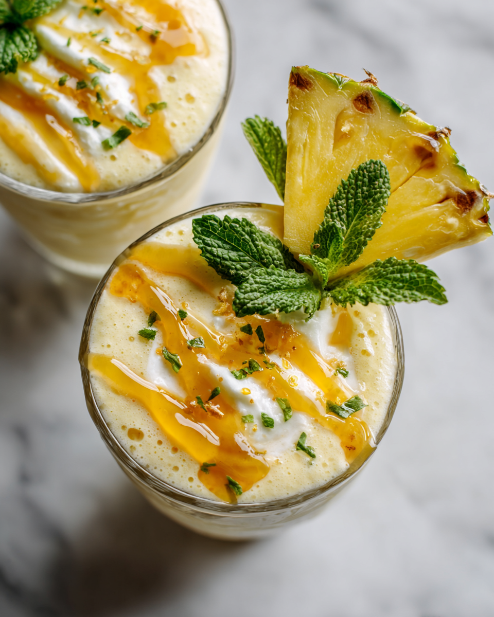 Batido tropical refrescante con frutas frescas y leche de coco, ideal para días calurosos.