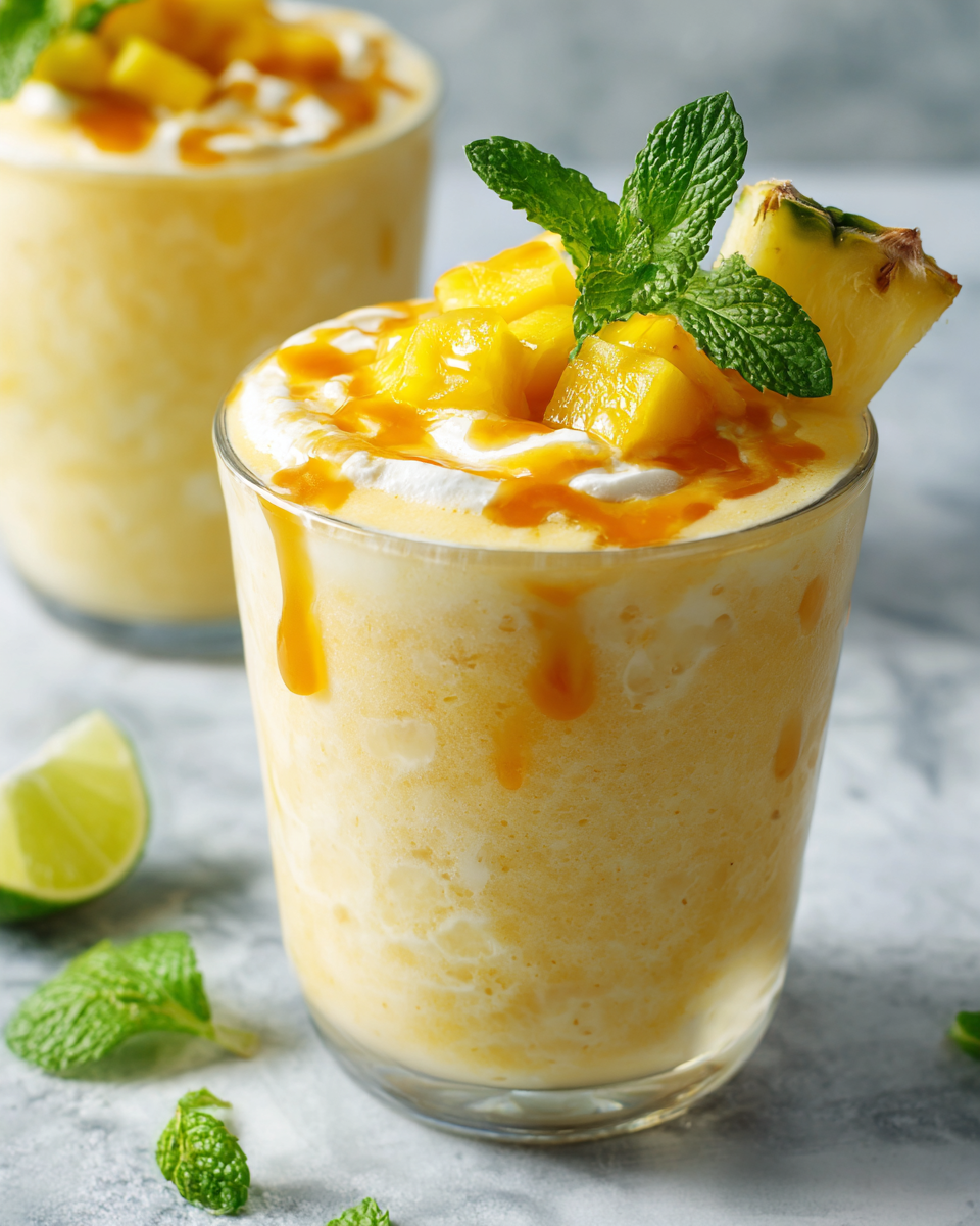 Disfruta Este Refrescante Batido Tropical Batido tropical refrescante con frutas frescas y leche de coco, ideal para días calurosos.