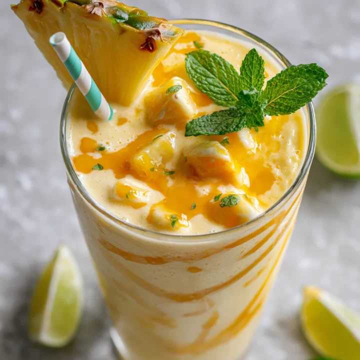 Batido tropical refrescante con frutas frescas y leche de coco, ideal para días calurosos.