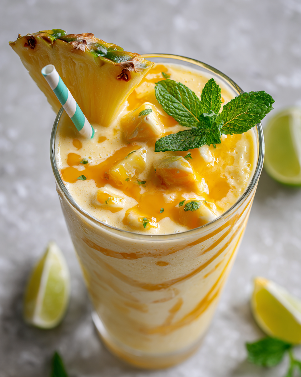 Disfruta Este Refrescante Batido Tropical Batido tropical refrescante con frutas frescas y leche de coco, ideal para días calurosos.