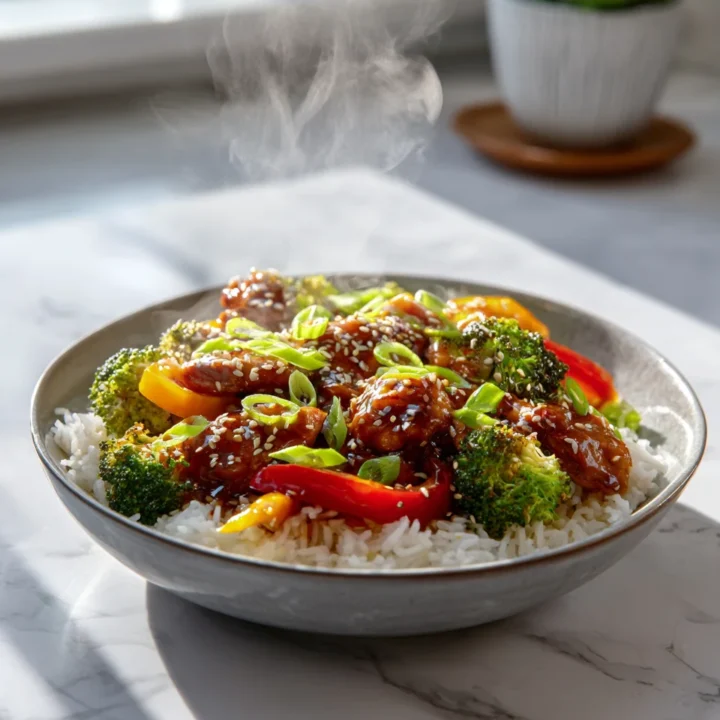 Bowl de pollo teriyaki con arroz, fácil y rápido de hacer, ideal para cenas familiares, lleno de sabor y color, perfecto para el otoño.