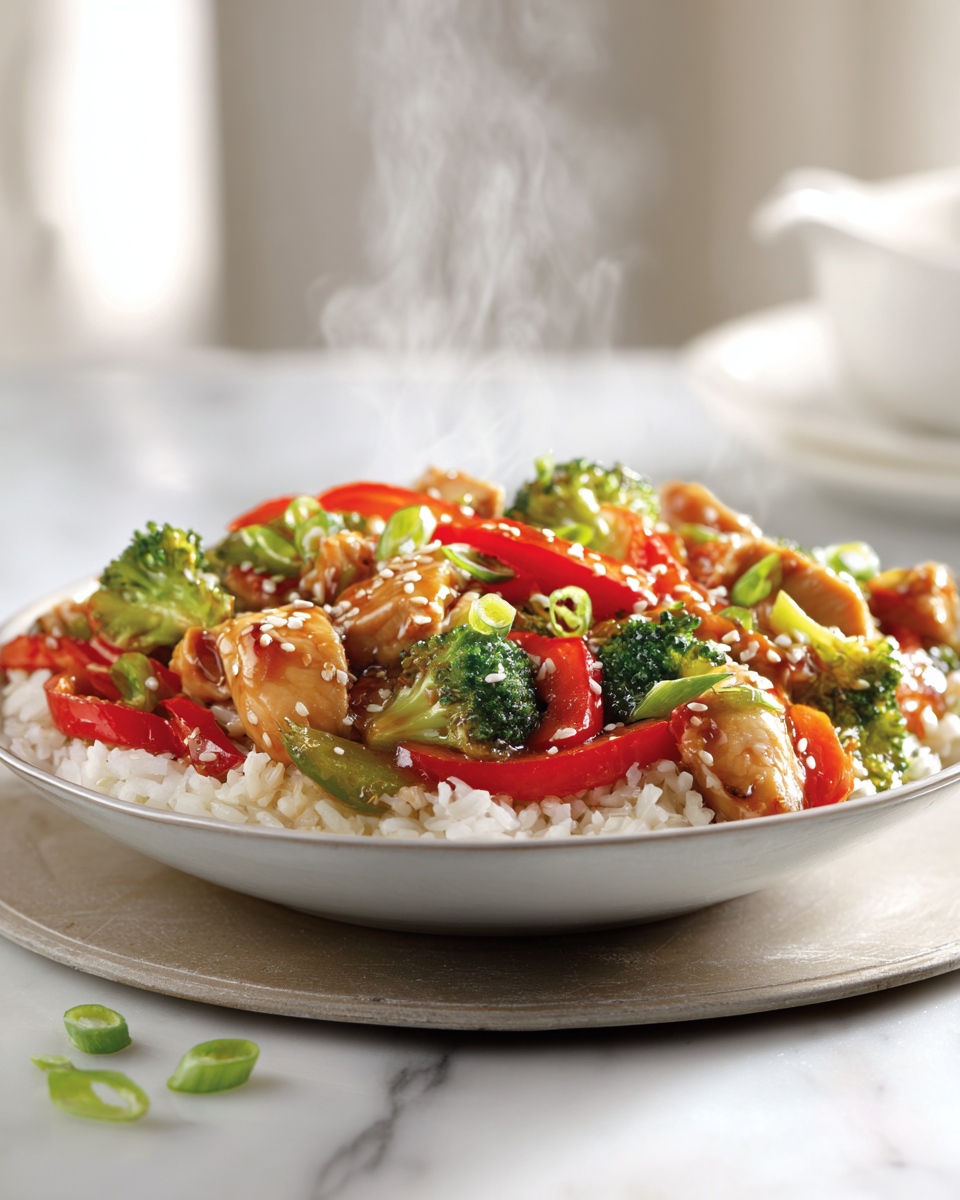 Bowl de pollo teriyaki con arroz, fácil y rápido de hacer, ideal para cenas familiares, lleno de sabor y color, perfecto para el otoño.