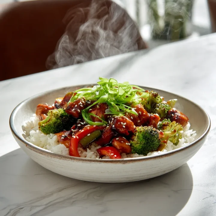 Bowl de pollo teriyaki con arroz, fácil y rápido de hacer, ideal para cenas familiares, lleno de sabor y color, perfecto para el otoño.