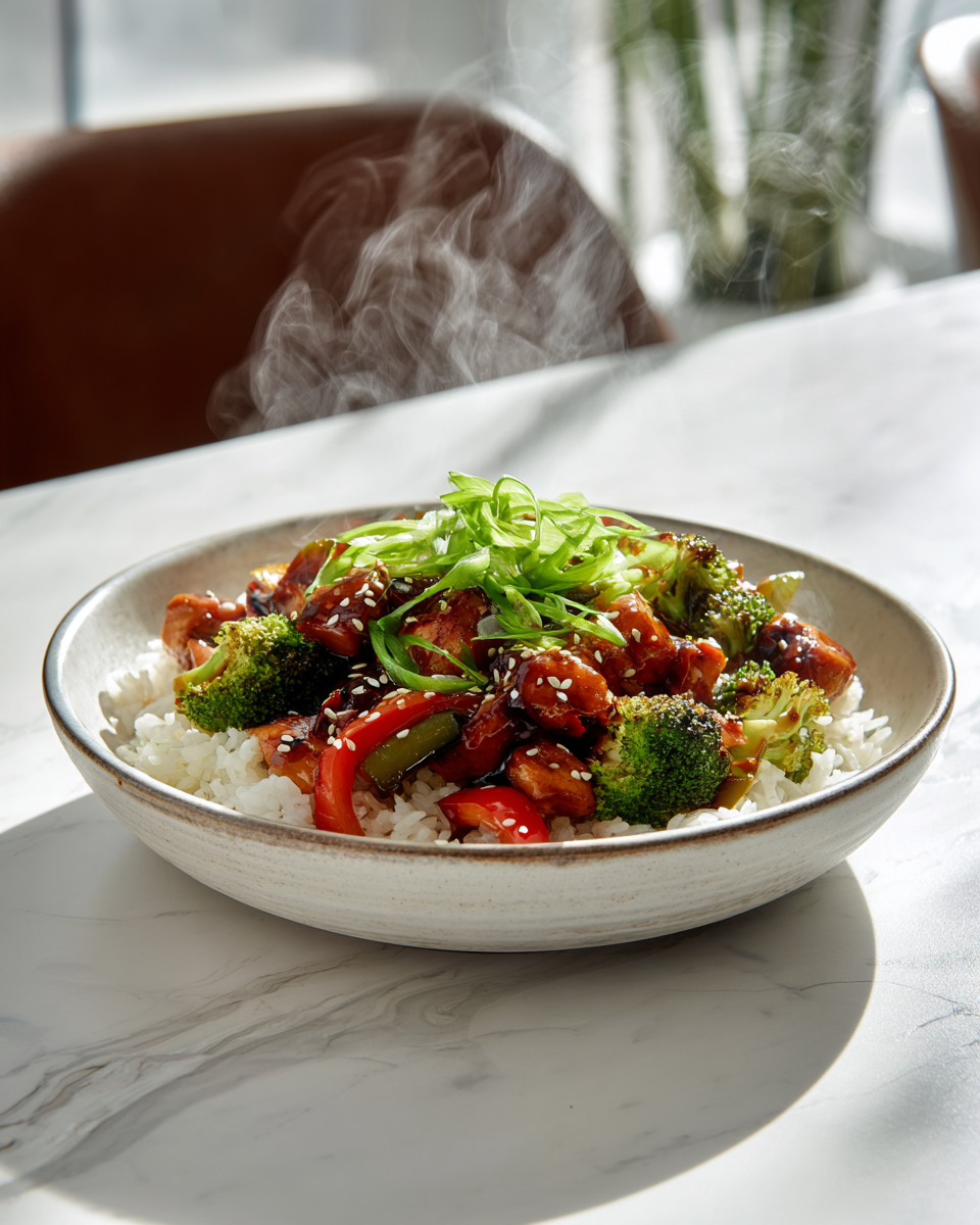 Bowl de pollo teriyaki con arroz, fácil y rápido de hacer, ideal para cenas familiares, lleno de sabor y color, perfecto para el otoño.