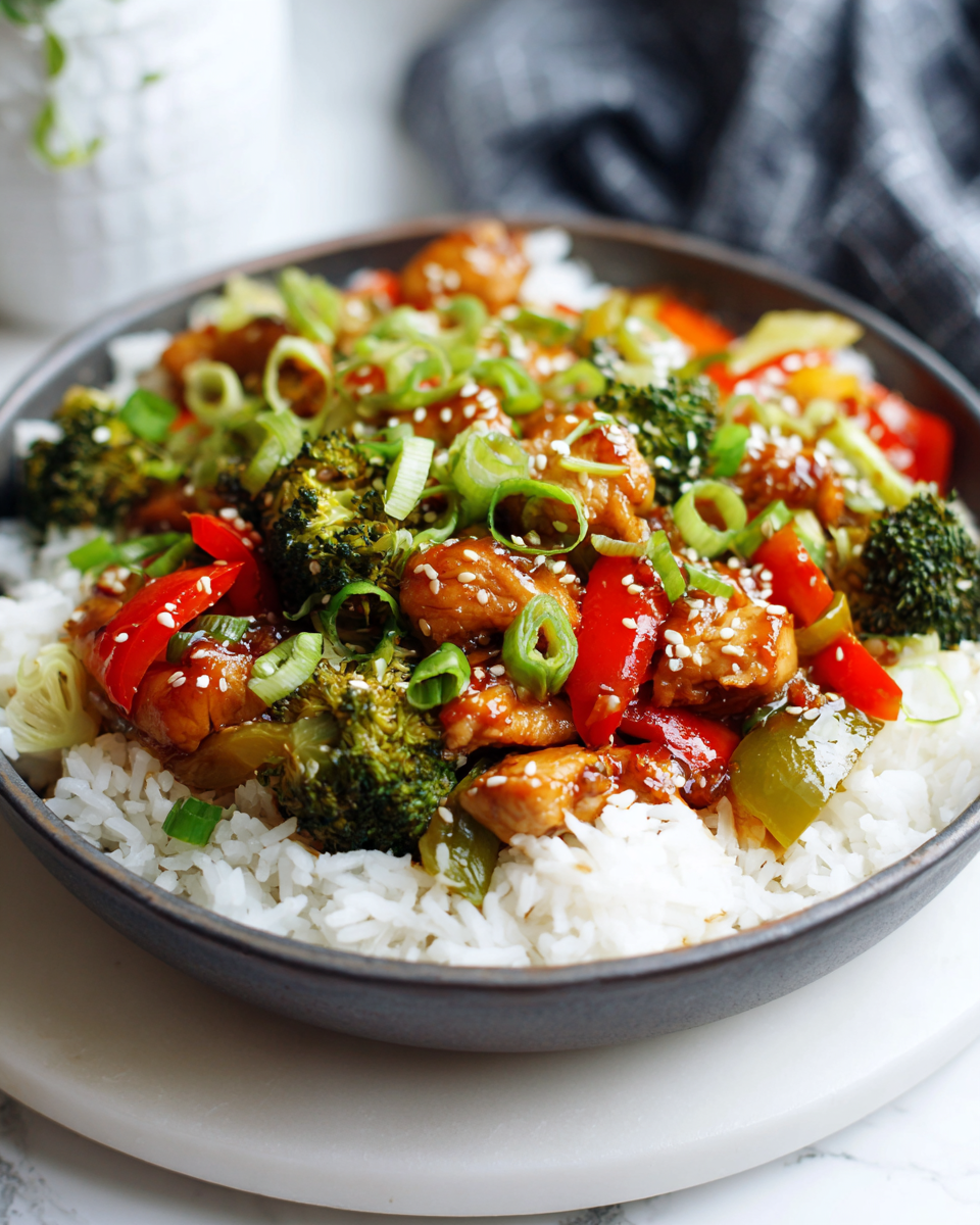 Bowl de pollo teriyaki con arroz, fácil y rápido de hacer, ideal para cenas familiares, lleno de sabor y color, perfecto para el otoño.
