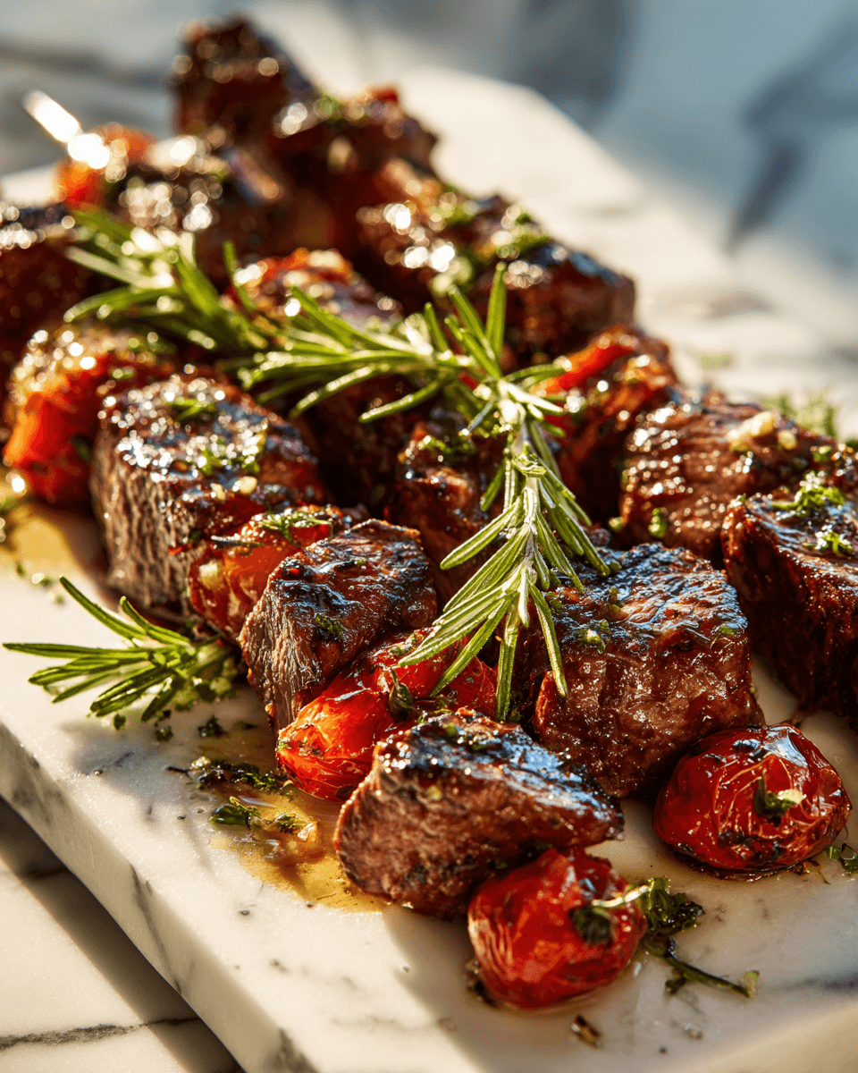 Brochetas de ternera asadas con romero y ajo, un plato ideal para compartir en verano, fácil de preparar y lleno de sabor.
