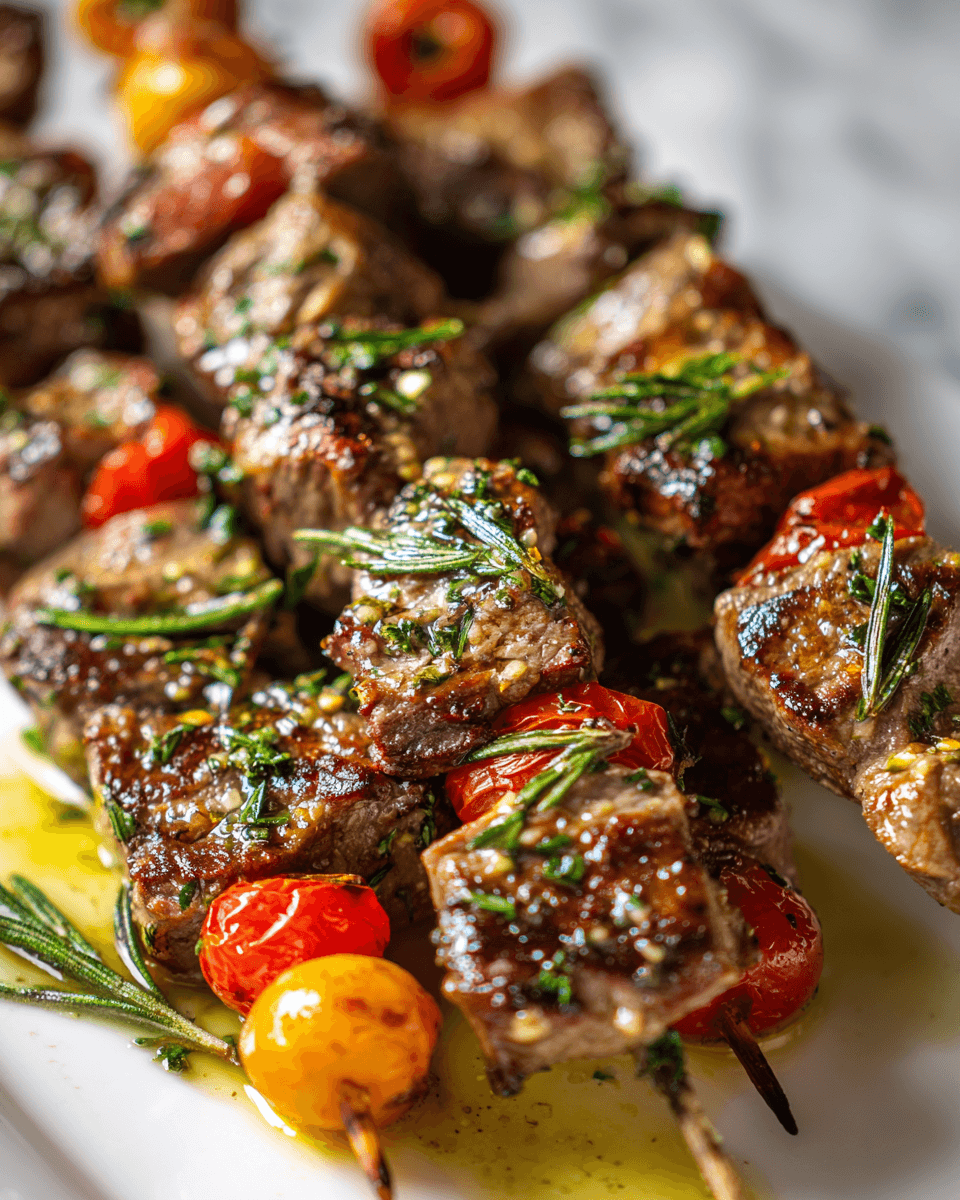 Brochetas de ternera asadas con romero y ajo, un plato ideal para compartir en verano, fácil de preparar y lleno de sabor.