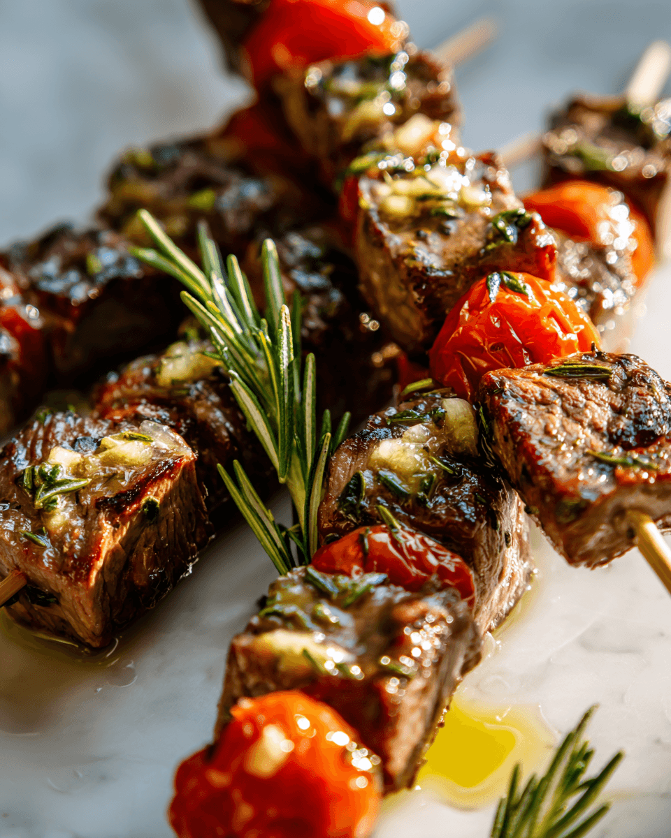 Brochetas de ternera asadas con romero y ajo, un plato ideal para compartir en verano, fácil de preparar y lleno de sabor.