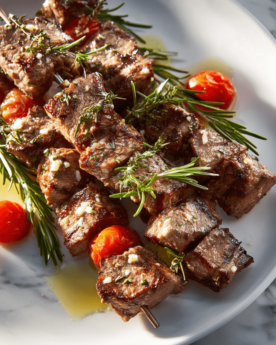 Brochetas de ternera asadas con romero y ajo, un plato ideal para compartir en verano, fácil de preparar y lleno de sabor.